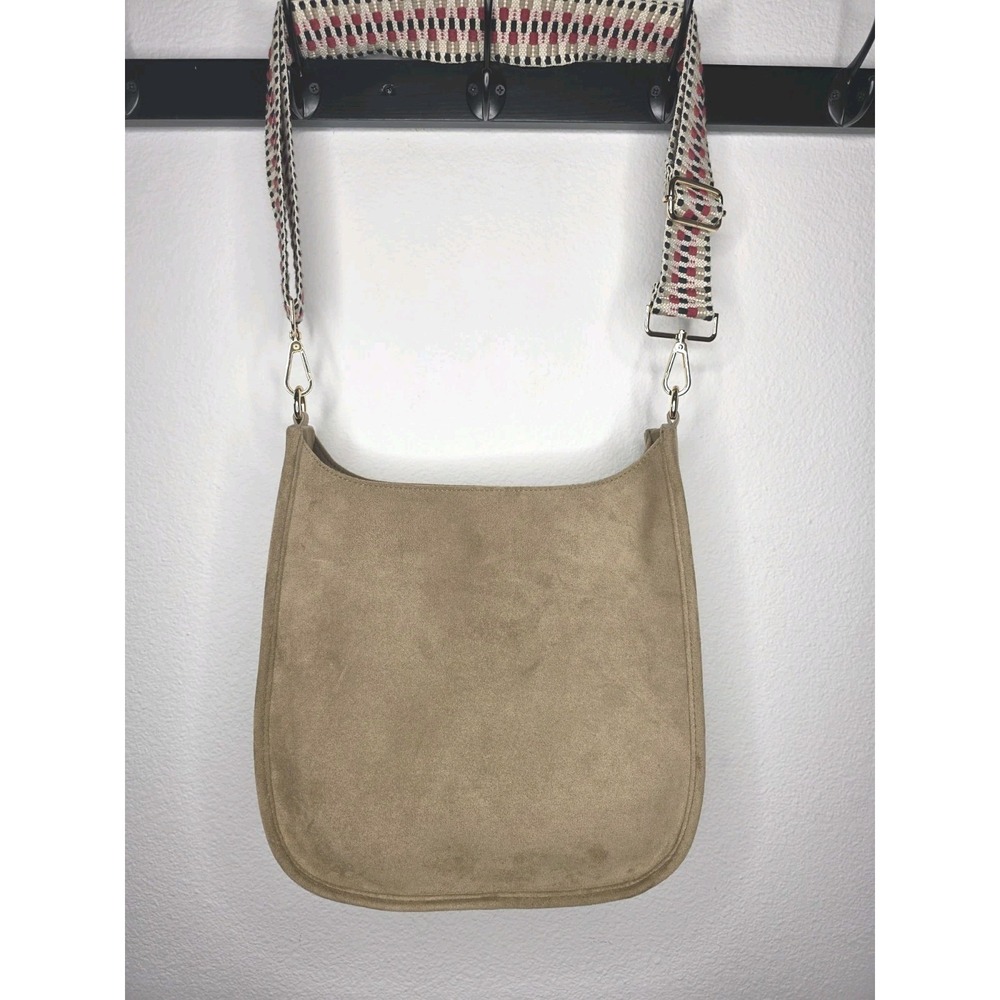 Boho Ah-Dorned Messenger Bag Vegan Suede Tan Camel Crossbody Guitar Strap Large